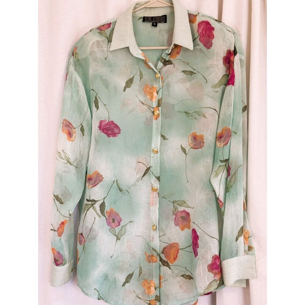 Sea Green Silk-like Poly Floral Print L/Sl Blouse, Vital Elements, VINTAGE, Sm
